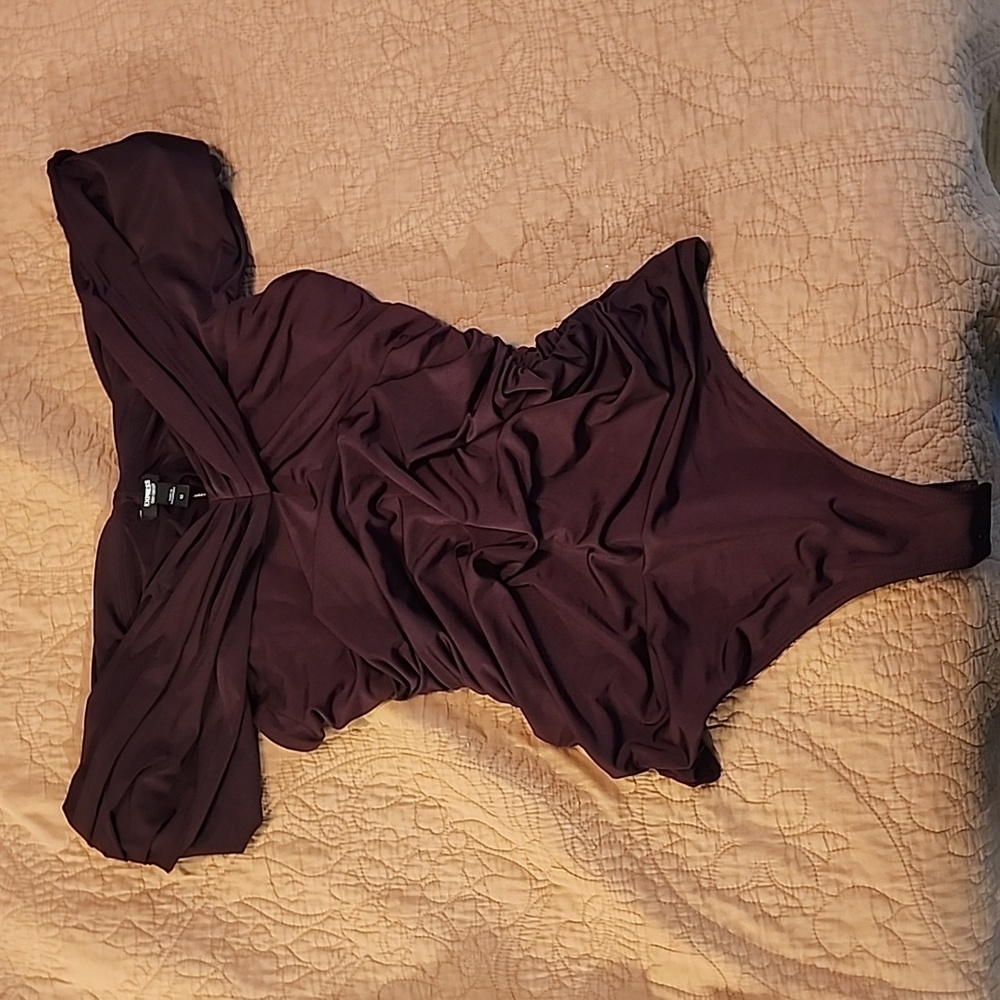 Express body con off the shoulder ruched thong bodysuit